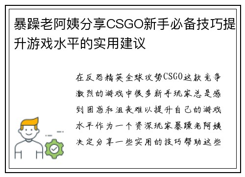 暴躁老阿姨分享CSGO新手必备技巧提升游戏水平的实用建议 暴躁老阿姨分享CSGO新手必备技巧提升游戏水平的实用建议