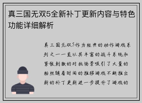 真三国无双5全新补丁更新内容与特色功能详细解析
